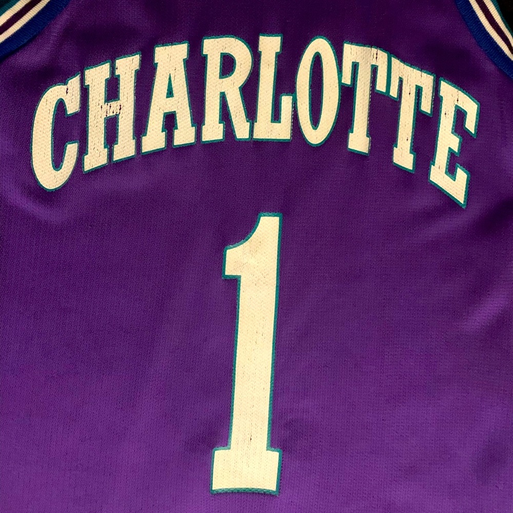 SOLD Vintage Champion Muggsy Bogues Charlotte Hornets #1 Purple Alternate Jersey - Picture 3 of 4